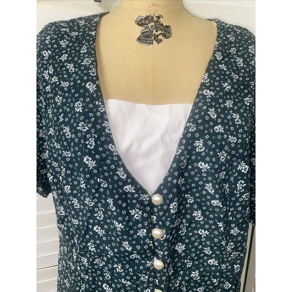 Vintage 80s 90s Floral Green Bib Knee Length Dress Layered Pullover Sz 20 - Picture 3 of 10